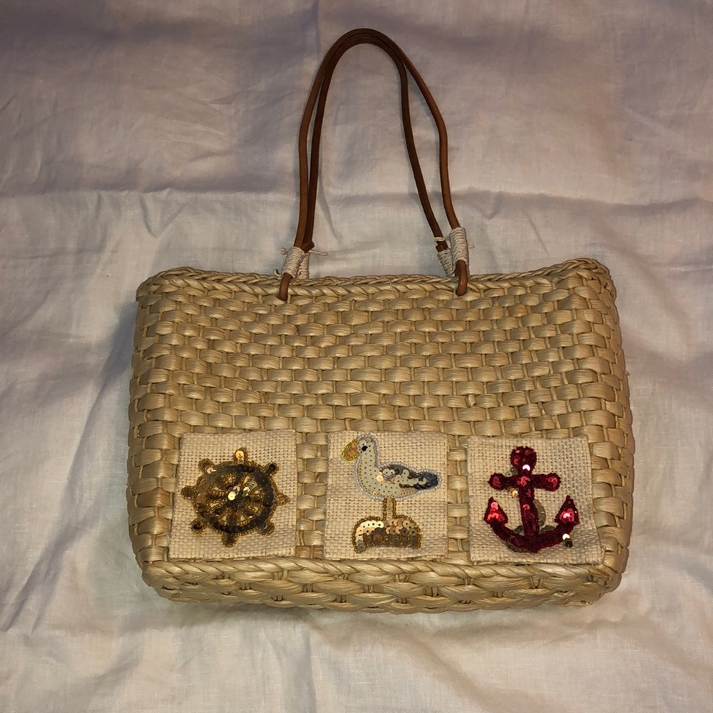 Straw/Corn Husk Summer Bag with leather handles, Nautical Scene Tote Market Bag
